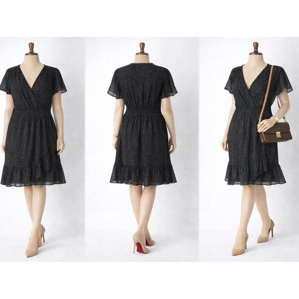 Michael Kors Womens Size  XL Short Sleeve V Neck Dress Polka Dot  Flowy Ruffle